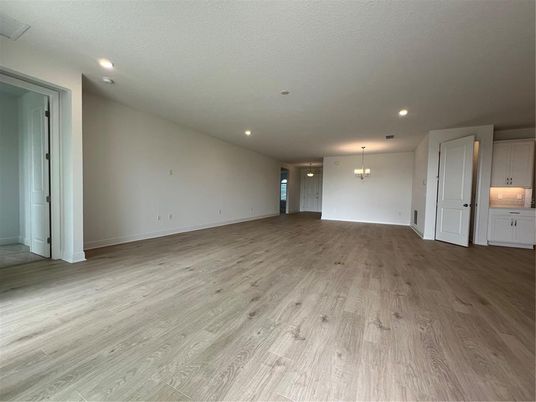 Empty room, Interior, Pendant Lights, Recessed Lighting, Wood Texture Flooring