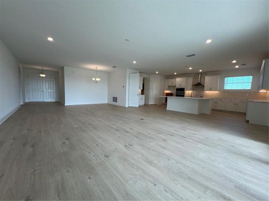 Chandelier, Empty room, Interior, Kitchen, Pendant Lights, Recessed Lighting, Wood Texture Flooring