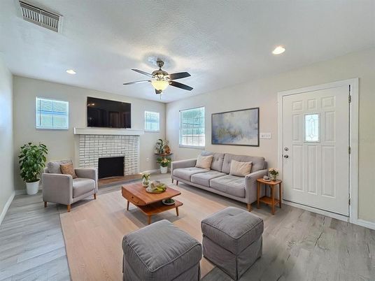 Fireplace, Interior, Living room, Recessed Lighting, Wood Texture Flooring