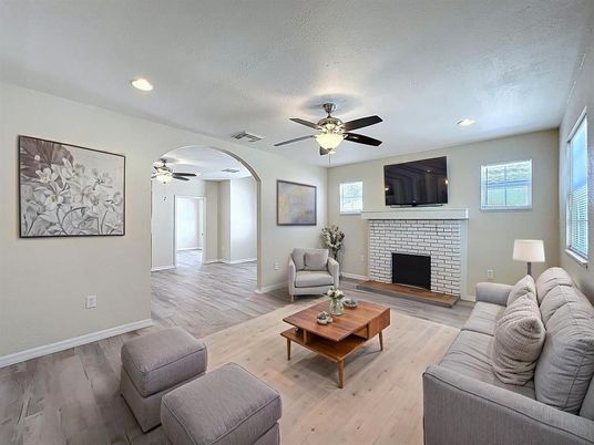 Fireplace, Interior, Living room, Recessed Lighting, Wood Texture Flooring