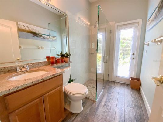 Bathroom, Glass Shower, Interior, Wood Texture Flooring