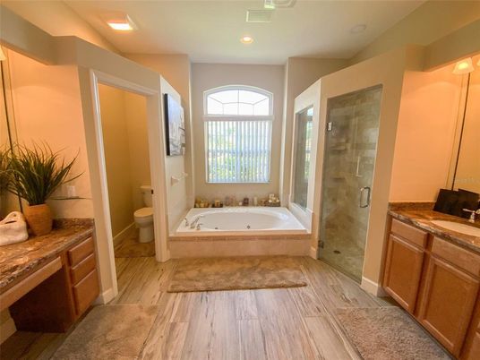 Bathroom, Glass Shower, Interior, Recessed Lighting, Wood Texture Flooring
