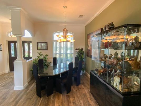 Dining room, Interior, Pendant Lights, Wood Texture Flooring