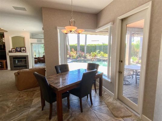 Dining room, Fireplace, Interior, Pendant Lights