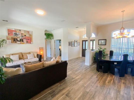 Dining room, Interior, Living room, Pendant Lights, Recessed Lighting, Wood Texture Flooring