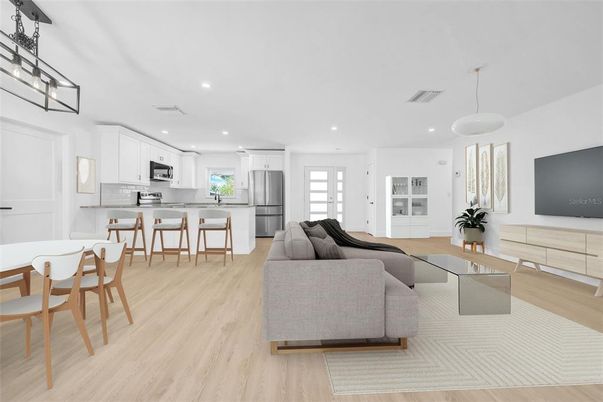 Dining room, Interior, Kitchen, Living room, Pendant Lights, Recessed Lighting, Stainless Steel Appliances, Wood Texture Flooring