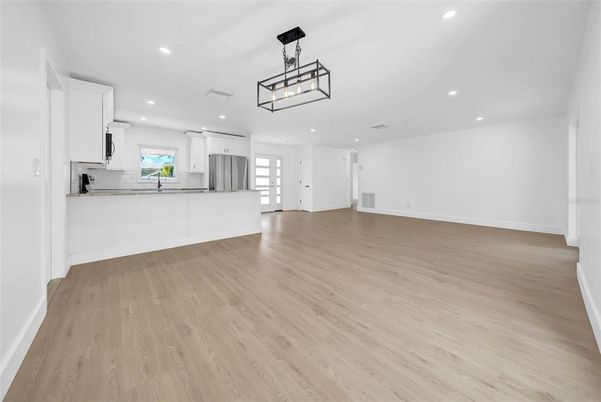 Empty room, Interior, Kitchen, Pendant Lights, Recessed Lighting, Wood Texture Flooring