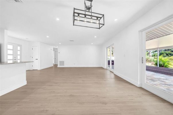 Empty room, Interior, Pendant Lights, Recessed Lighting, Wood Texture Flooring