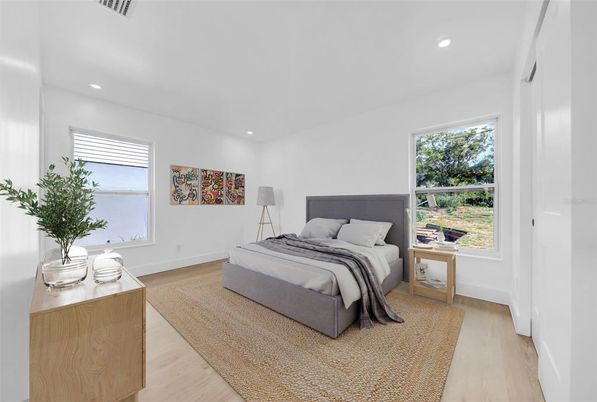 Bedroom, Interior, Recessed Lighting, Wood Texture Flooring