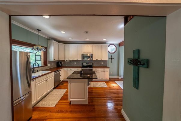 Interior, Kitchen, Pendant Lights, Recessed Lighting, Stainless Steel Appliances, Wood Texture Flooring