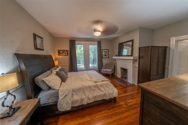 Bedroom, Fireplace, Interior, Wood Texture Flooring