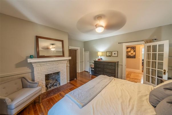 Bedroom, Fireplace, Interior, Wood Texture Flooring