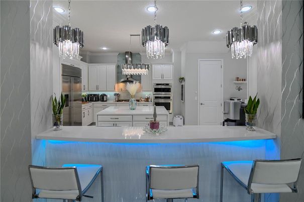 Chandelier, Interior, Kitchen, Pendant Lights, Recessed Lighting, Stainless Steel Appliances