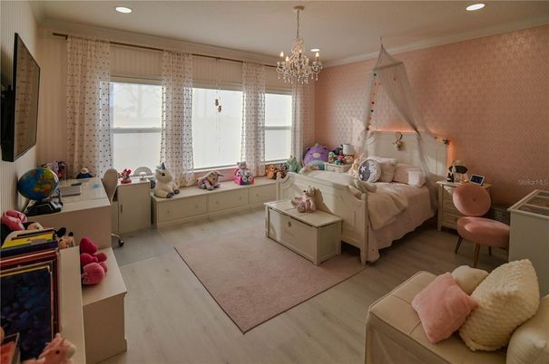 Bedroom, Chandelier, Interior, Recessed Lighting, Wood Texture Flooring