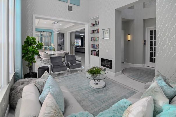 Dining room, Fireplace, Interior, Living room, Recessed Lighting