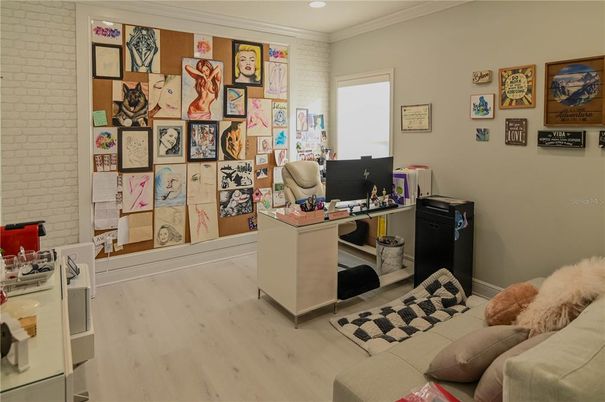 Home Office, Interior, Recessed Lighting, Stone Walls, Wood Texture Flooring