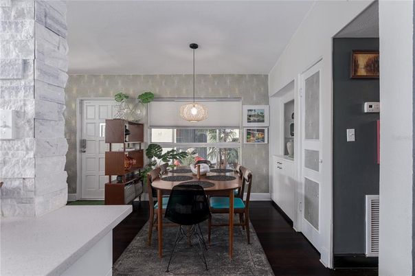 Dining room, Interior, Pendant Lights, Wood Texture Flooring