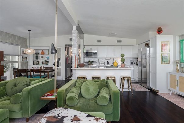 Dining room, Interior, Kitchen, Living room, Pendant Lights, Stainless Steel Appliances, Wood Texture Flooring