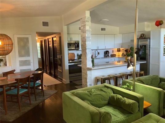 Dining room, Interior, Kitchen, Stainless Steel Appliances, Wood Texture Flooring