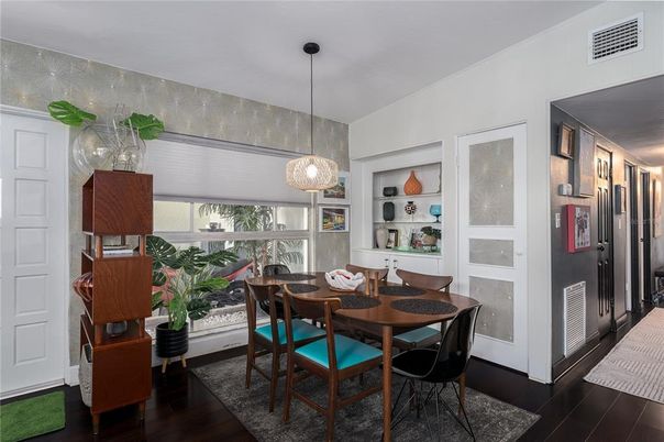 Dining room, Interior, Pendant Lights, Wood Texture Flooring