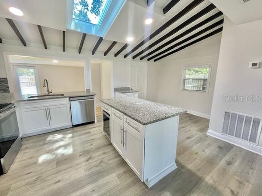 Interior, Kitchen, Recessed Lighting, Stainless Steel Appliances, Wood Texture Flooring