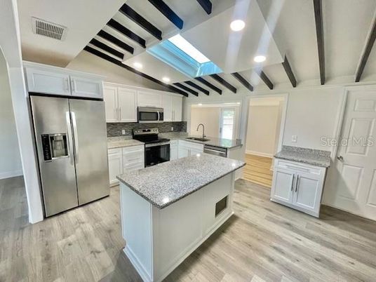 Interior, Kitchen, Recessed Lighting, Stainless Steel Appliances, Wooden Beams, Wood Texture Flooring