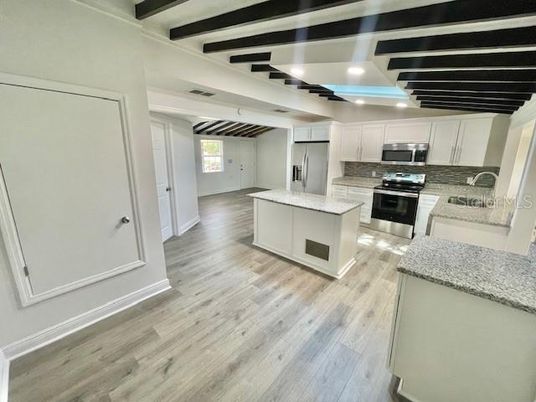 Interior, Kitchen, Recessed Lighting, Stainless Steel Appliances, Wooden Beams, Wood Texture Flooring