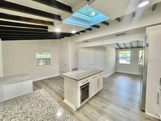 Interior, Kitchen, Recessed Lighting, Wooden Beams, Wood Texture Flooring