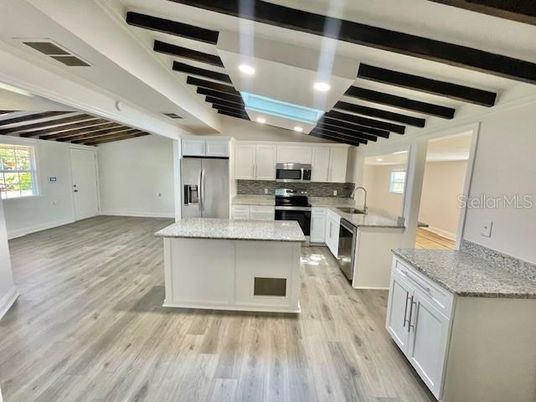 Interior, Kitchen, Recessed Lighting, Stainless Steel Appliances, Wooden Beams, Wood Texture Flooring