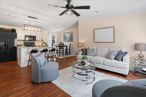 Dining room, Interior, Kitchen, Living room, Pendant Lights, Stainless Steel Appliances, Wood Texture Flooring