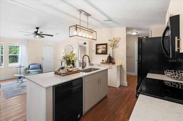 Interior, Kitchen, Pendant Lights, Wood Texture Flooring