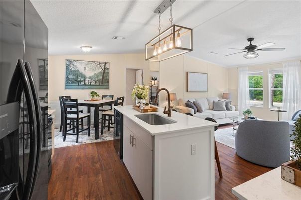 Dining room, Interior, Kitchen, Living room, Pendant Lights, Wood Texture Flooring