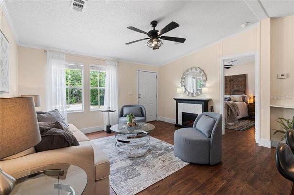 Bedroom, Fireplace, Interior, Living room, Wood Texture Flooring