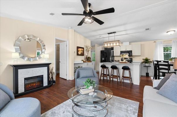Dining room, Fireplace, Interior, Kitchen, Living room, Pendant Lights, Wood Texture Flooring