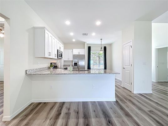 Interior, Kitchen, Recessed Lighting, Stainless Steel Appliances, Wood Texture Flooring
