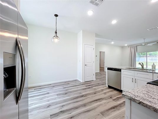 Interior, Kitchen, Pendant Lights, Recessed Lighting, Stainless Steel Appliances, Wood Texture Flooring