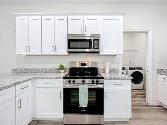 Interior, Kitchen, Stainless Steel Appliances, Washer, Wood Texture Flooring