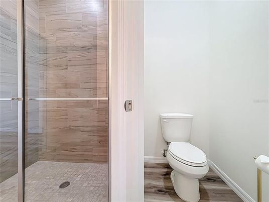 Bathroom, Glass Shower, Interior, Wood Texture Flooring