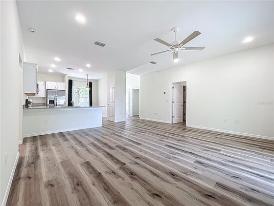 Empty room, Interior, Kitchen, Pendant Lights, Recessed Lighting, Wood Texture Flooring