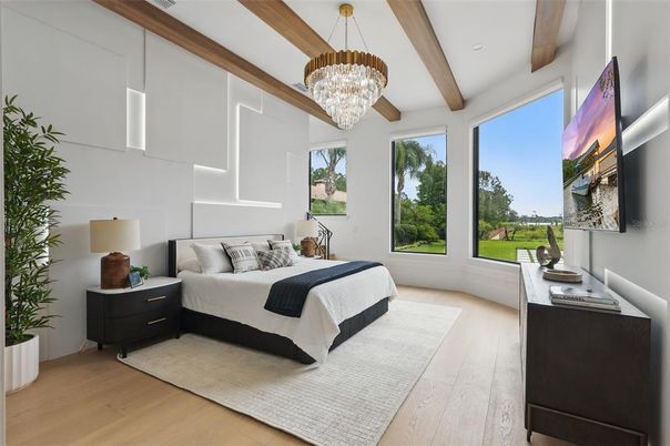 Bedroom, Chandelier, Interior, Recessed Lighting, Wooden Beams, Wood Texture Flooring