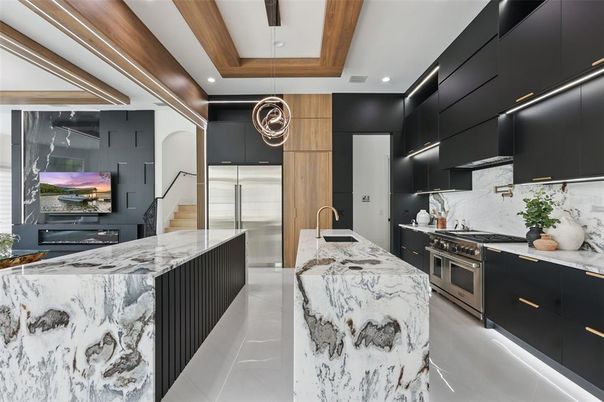 Interior, Kitchen, Pendant Lights, Recessed Lighting, Stainless Steel Appliances, Wooden Beams