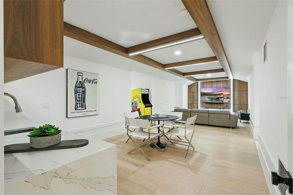 Dining room, Interior, Living room, Recessed Lighting, Wooden Beams, Wood Texture Flooring