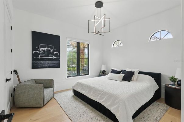 Bedroom, Interior, Pendant Lights, Wood Texture Flooring