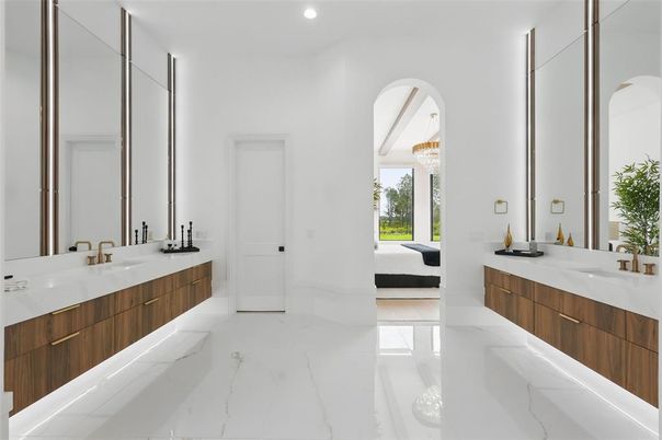 Bathroom, Chandelier, Dual Sink Vanities, Interior, Marble, Recessed Lighting