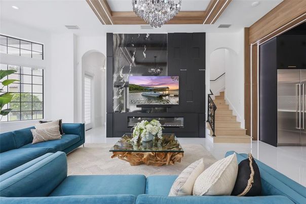 Chandelier, Fireplace, Interior, Living room, Recessed Lighting