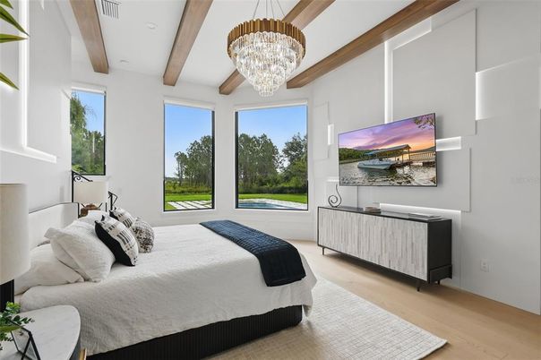 Bedroom, Chandelier, Interior, Recessed Lighting, Wooden Beams, Wood Texture Flooring