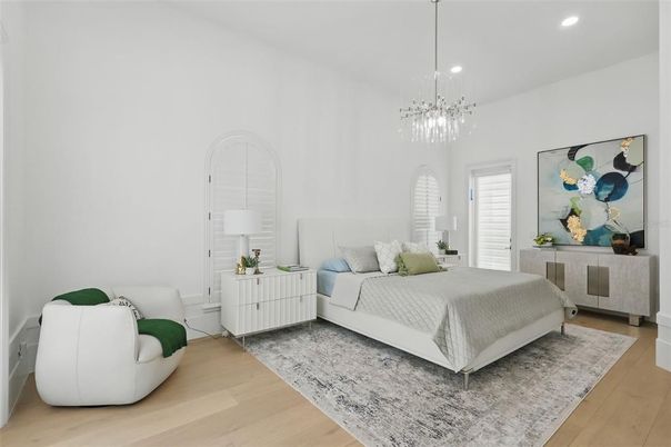 Bedroom, Interior, Pendant Lights, Recessed Lighting, Wood Texture Flooring