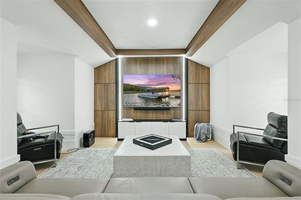 Interior, Living room, Recessed Lighting, Wood Texture Flooring, Wooden Walls