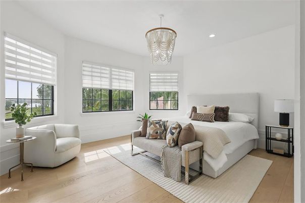 Bedroom, Chandelier, Interior, Recessed Lighting, Wood Texture Flooring