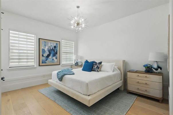 Bedroom, Interior, Pendant Lights, Wood Texture Flooring